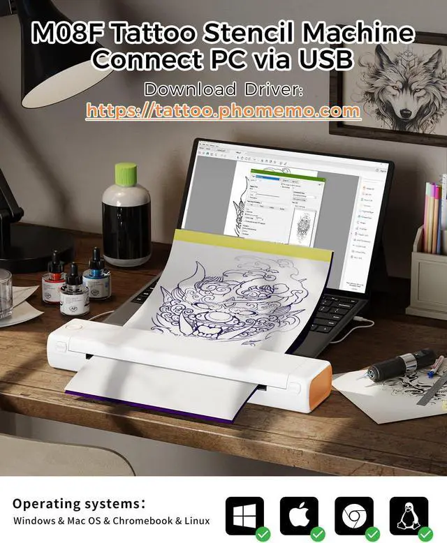 Alt view image 4 of 5 - Phomemo M08F Tattoo Stencil Printer with 45Pcs Tattoo Stencil Paper & 1Storage Case, Compatible with Phone, Tablet & PC, Gift for Tattoo Artists, Tattoo Beginners & Tattoo Studio, White and Orange
