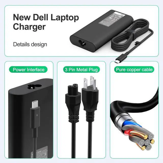 Alt view image 5 of 5 - New Replacement Dell 130W Laptop Charger USB C Type C for Dell XPS 15 9575 9520 9510 9500 17 9720 9710 9700 Precision 5530 5550 5560 5570 5750 5760 3560 Latitude 5411 5421 5511 5520 5521 Power Cord