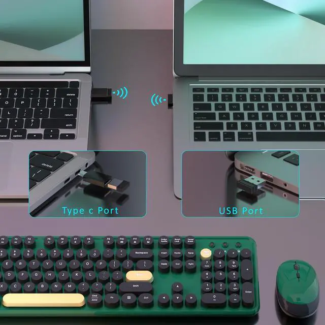 Alt view image 3 of 5 - Colorful Wireless Computer Keyboards Mouse Combos, Cute Retro Typewriter Keyboard with Round Keycaps, 2.4 GHz 104 Keys Full-Sized USB/Type C Receiver Keyboard and Optical Mouse(Dark Green)