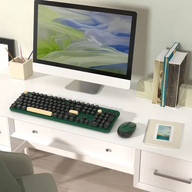 Alt view image 2 of 5 - Colorful Wireless Computer Keyboards Mouse Combos, Cute Retro Typewriter Keyboard with Round Keycaps, 2.4 GHz 104 Keys Full-Sized USB/Type C Receiver Keyboard and Optical Mouse(Dark Green)