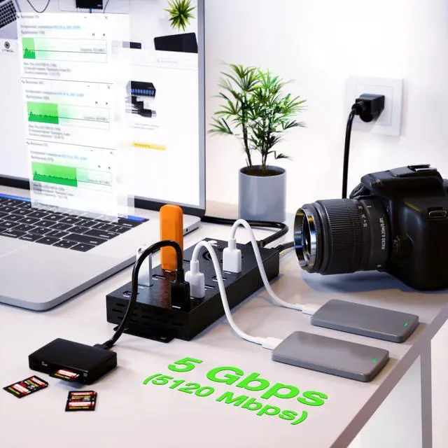 Alt view image 3 of 5 - USB 3 0 Hub - 10 Ports Powered USB Hub - Charging & High-Speed Data Transfer USB Expander Hub - up to 5Gbps High-Speed USB Splitter - Aluminum Alloy Multiple USB Port Hub for Laptop Phone Tablet PC