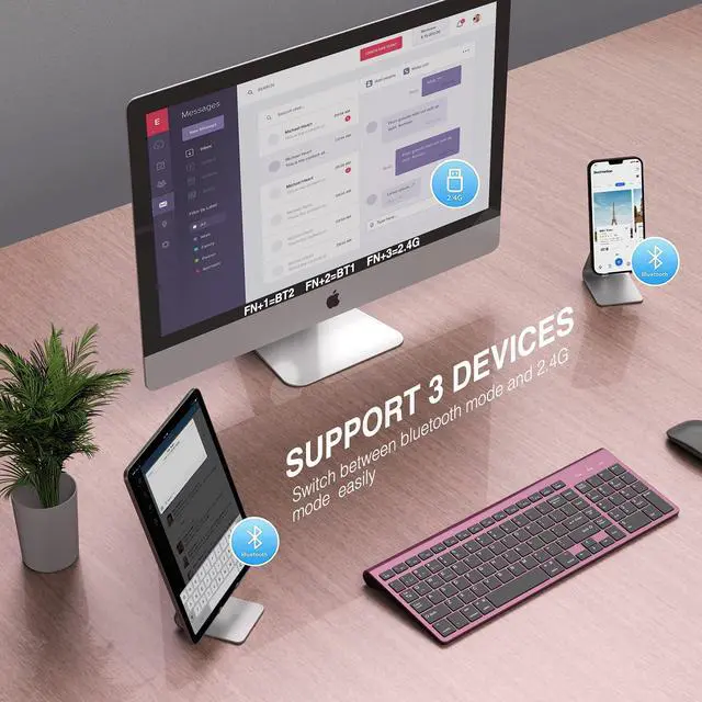 Alt view image 2 of 5 - JOYACCESS Bluetooth Keyboard,Multi-Device (2.4G+BT3.0+BT5.0) Wireless Bluetooth Keyboard Compatible with iMac/Mac,MacBook,Laptop,Android,Windows-Wine Red