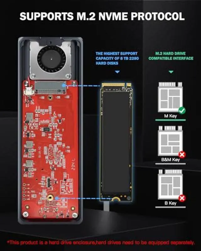 Alt view image 2 of 5 - 40Gbps M.2 SSD Enclosure, Thunderbolt NVMe Enclosure with Cooling Fan, SSD External Hard Drive Enclosure, M.2 Enclosure Support M Key Size 2280/8TB Compatible with Thunderbolt /USB Port.