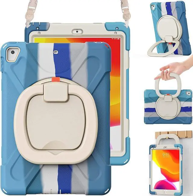 Main image of Heavy Duty Case for iPad 9.7 inch,Shockproof Protective Rugged Cover with Pencil Holder &Rotating Kickstand &Shoulder Strap,Compatible with iPad 6th/5th /Air 2/Pro 9.7 (Colourful Blue)