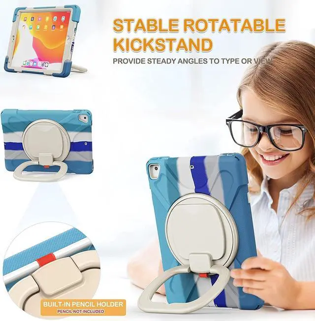 Alt view image 2 of 5 - Heavy Duty Case for iPad 9.7 inch,Shockproof Protective Rugged Cover with Pencil Holder &Rotating Kickstand &Shoulder Strap,Compatible with iPad 6th/5th /Air 2/Pro 9.7 (Colourful Blue)