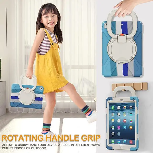 Alt view image 5 of 5 - Heavy Duty Case for iPad 9.7 inch,Shockproof Protective Rugged Cover with Pencil Holder &Rotating Kickstand &Shoulder Strap,Compatible with iPad 6th/5th /Air 2/Pro 9.7 (Colourful Blue)