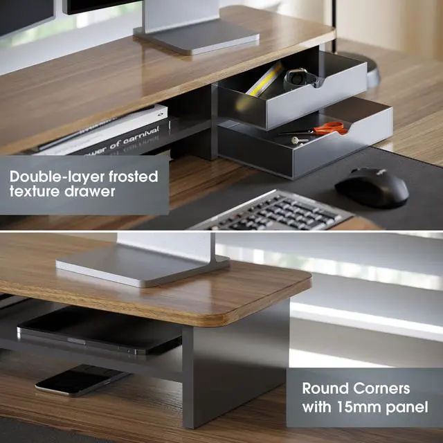 Alt view image 2 of 5 - Fenge Monitor Stand, Dual Monitor Riser, 42.5inch Large Desk Computer Monitor Stand Riser with Drawer, 2 Tier Wood & Acrylic Desktop Organizer for Computer, Laptop, Printer, TV Screen Riser