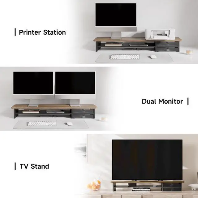 Alt view image 5 of 5 - Fenge Monitor Stand, Dual Monitor Riser, 42.5inch Large Desk Computer Monitor Stand Riser with Drawer, 2 Tier Wood & Acrylic Desktop Organizer for Computer, Laptop, Printer, TV Screen Riser