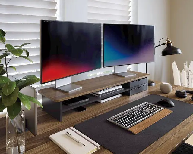 Alt view image 3 of 5 - Fenge Monitor Stand, Dual Monitor Riser, 42.5inch Large Desk Computer Monitor Stand Riser with Drawer, 2 Tier Wood & Acrylic Desktop Organizer for Computer, Laptop, Printer, TV Screen Riser