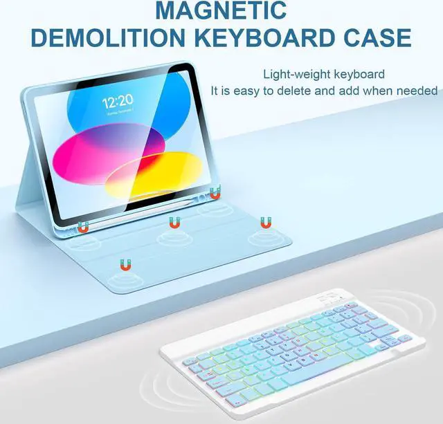 Alt view image 4 of 5 - FGZZROU iPad 10th Generation Case with Keyboard, 10.9 Inch - 7-Color Backlit Detachable Wireless BT Keyboard Folio Protective Case with Pen Holder for New iPad 10th Generation 2022 (Blue)