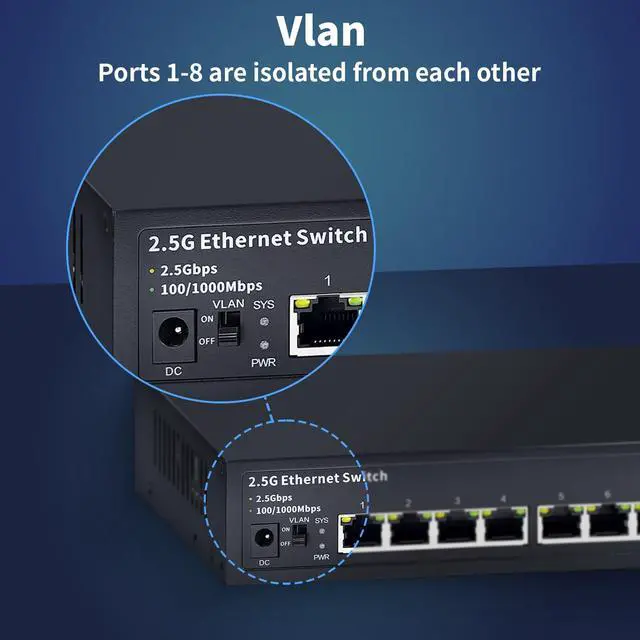 Alt view image 3 of 5 - STEAMEMO 8-Port 2.5G Unmanaged Ethernet Switch, 8X 2.5G Base-T Ports, 1X 10G SFP, 60Gbps Switching Capacity, Compatible with 100/1000/2500Mbps, 2.5Gb Network Switch for Wireless AP, NAS, PC