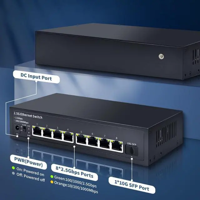 Alt view image 4 of 5 - STEAMEMO 8-Port 2.5G Unmanaged Ethernet Switch, 8X 2.5G Base-T Ports, 1X 10G SFP, 60Gbps Switching Capacity, Compatible with 100/1000/2500Mbps, 2.5Gb Network Switch for Wireless AP, NAS, PC