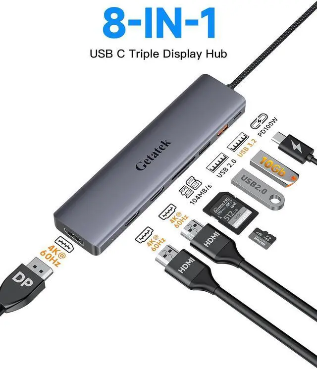 Alt view image 2 of 5 - Getatek 10Gbps USB C Hub, USB-C Laptop Docking Station, 8in1 Triple Display Docking Station for Dell Hp Lenovo Surface Windows (Dual HDMI+ DisplayPort + PD3.0 100W +SD TF Card Reader +10GB USB Port)