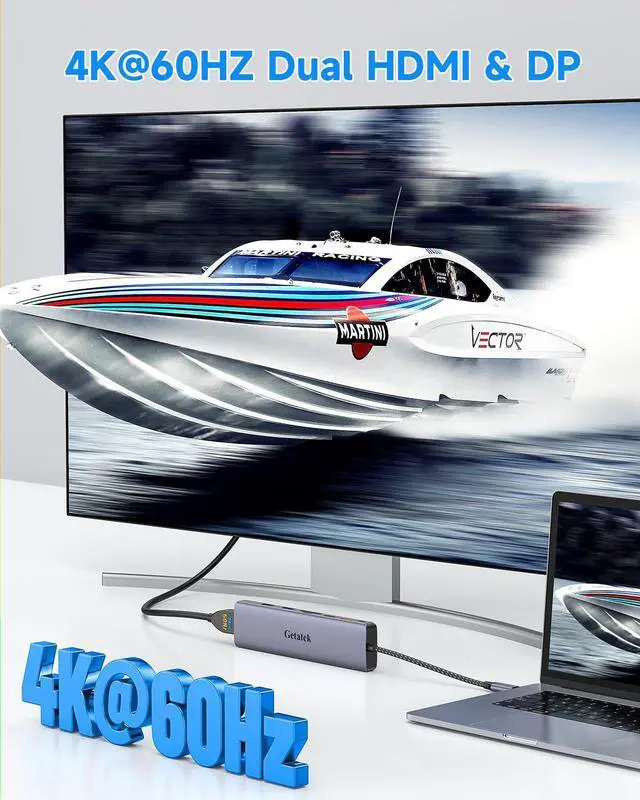 Alt view image 3 of 5 - Getatek 10Gbps USB C Hub, USB-C Laptop Docking Station, 8in1 Triple Display Docking Station for Dell Hp Lenovo Surface Windows (Dual HDMI+ DisplayPort + PD3.0 100W +SD TF Card Reader +10GB USB Port)