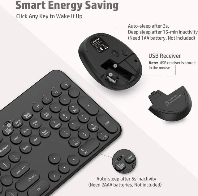 Alt view image 3 of 5 - LeadsaiL Wireless Keyboard and Mouse, Full-Sized Ergonomic Computer Keyboard with Phone Tablet Holder, 2.4GHz Silent Cordless Keyboard Mouse Set for Windows Laptop, PC, Desktop - Black