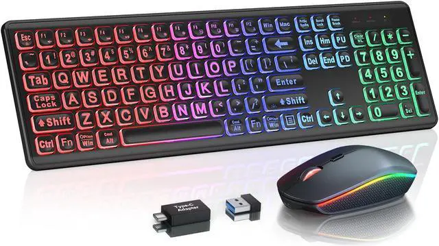 Main image of Wireless Keyboard and Mouse Combo - Large Print, RGB Backlit, Oversize Light Up Letters, Rechargeable, Ergonomic Tilt Leg, Sleep Mode, 2.4GHz Quiet Keyboard Mouse for Mac, Windows, Laptop, PC, Trueque