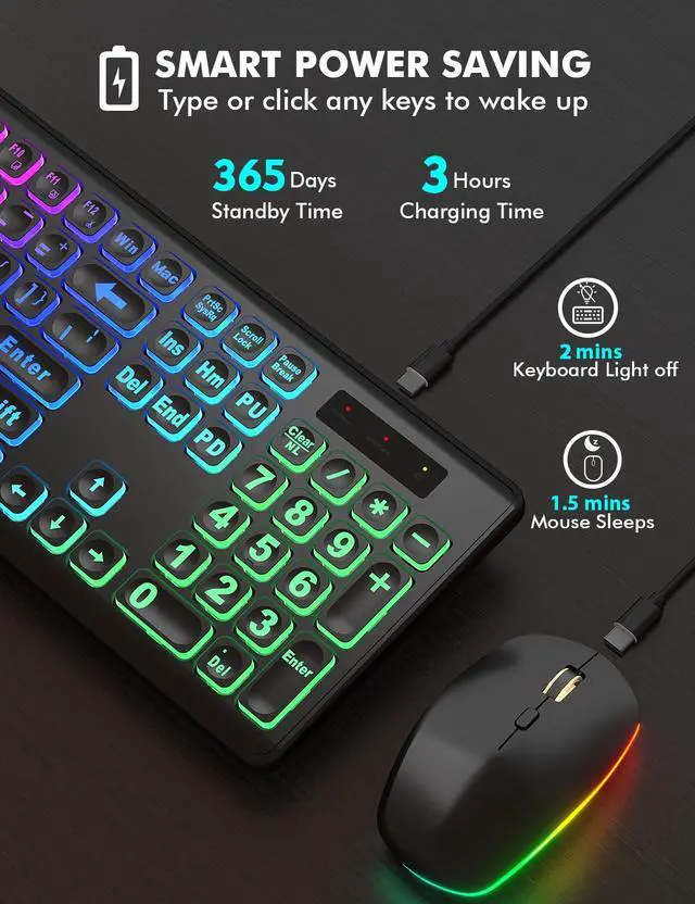 Alt view image 4 of 5 - Wireless Keyboard and Mouse Combo - Large Print, RGB Backlit, Oversize Light Up Letters, Rechargeable, Ergonomic Tilt Leg, Sleep Mode, 2.4GHz Quiet Keyboard Mouse for Mac, Windows, Laptop, PC, Trueque