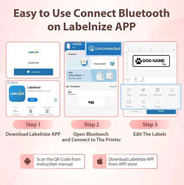 Alt view image 3 of 5 - TYPONOS P21 Label Maker Machine with Tape, Bluetooth Label Printer Portable Mini Label Makers, P21 Label Maker Tape Black on White 14x40mm, Standard Laminated 180 Labels/Roll