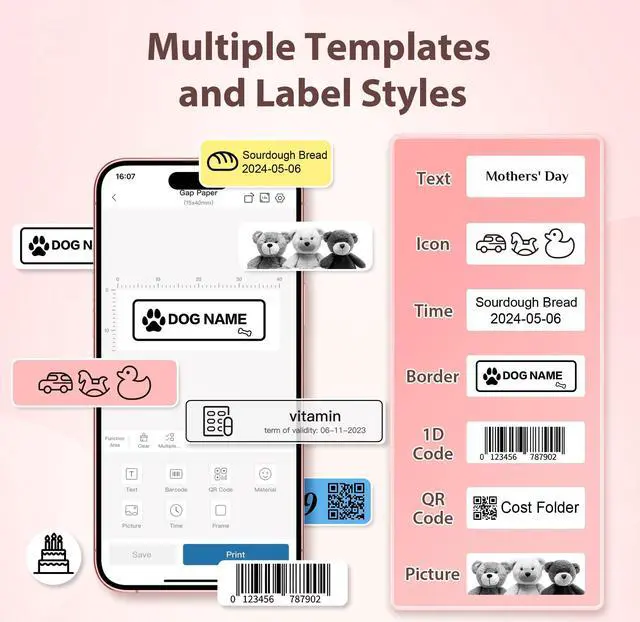 Alt view image 4 of 5 - TYPONOS P21 Label Maker Machine with Tape, Bluetooth Label Printer Portable Mini Label Makers, P21 Label Maker Tape Black on White 14x40mm, Standard Laminated 180 Labels/Roll