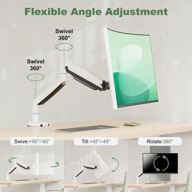 Alt view image 4 of 5 - UPGRAVITY Ultrawide Monitor Arm for 13 to 34 inch Flat/Curved Computer Screen, Gas Spring Single Monitor Mount Holds up to 26.5 lbs, Clamp & Grommet Base, VESA 75x75/100x100mm, White