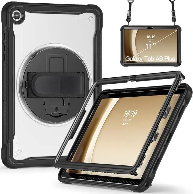 Main image of GooodiDEAR Shockproof Case for Samsung Galaxy Tab A9+ 11" 2023, Heavy Duty Cover with Pen Slot Shoulder Strap, 360deg Rotating Strap, Multi-Angle Stand, Slim Hybrid Protector, SM-X210/X216/X218, Clear