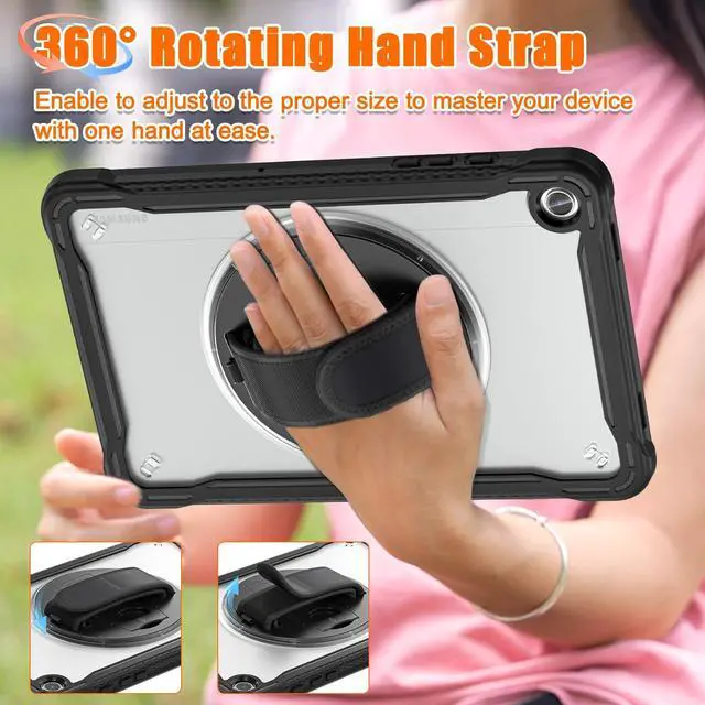 Alt view image 2 of 5 - GooodiDEAR Shockproof Case for Samsung Galaxy Tab A9+ 11" 2023, Heavy Duty Cover with Pen Slot Shoulder Strap, 360deg Rotating Strap, Multi-Angle Stand, Slim Hybrid Protector, SM-X210/X216/X218, Clear