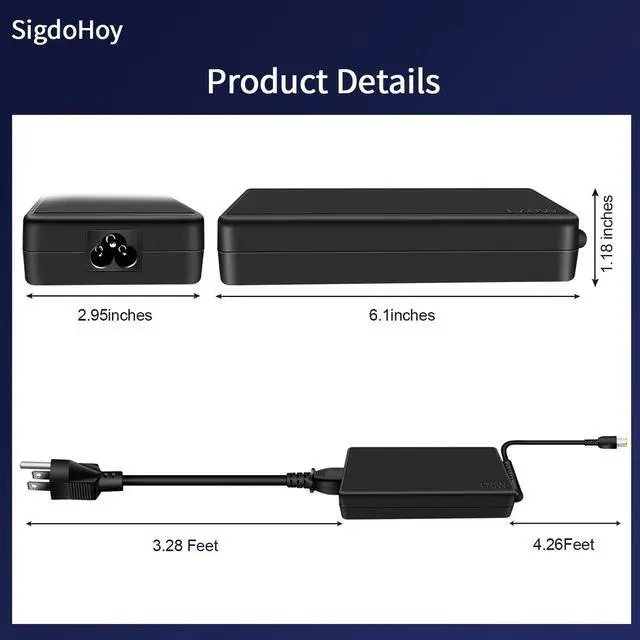 Alt view image 4 of 5 - 170W AC Adapter for Lenovo LOQ, Legion 5, ThinkPad P1 P50 P51 P52 P53 P70 P71 P73 T15g T15p P15v P15g P15 P17 X1 Laptop Charger Power Supply Cord