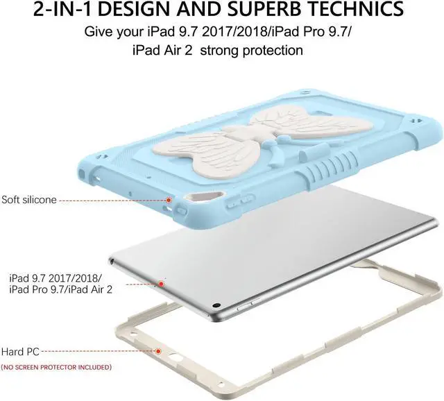 Alt view image 2 of 5 - GUAGUA Compatible with iPad Air 2, iPad 6th/5th Gen, iPad Pro 9.7 Case with Kickstand, 2 in 1 Rugged Shockproof Anti-Scratch Tablet Cases with Pen Holder, Blue/Beige