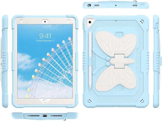 Alt view image 4 of 5 - GUAGUA Compatible with iPad Air 2, iPad 6th/5th Gen, iPad Pro 9.7 Case with Kickstand, 2 in 1 Rugged Shockproof Anti-Scratch Tablet Cases with Pen Holder, Blue/Beige