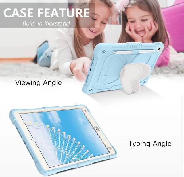 Alt view image 3 of 5 - GUAGUA Compatible with iPad Air 2, iPad 6th/5th Gen, iPad Pro 9.7 Case with Kickstand, 2 in 1 Rugged Shockproof Anti-Scratch Tablet Cases with Pen Holder, Blue/Beige