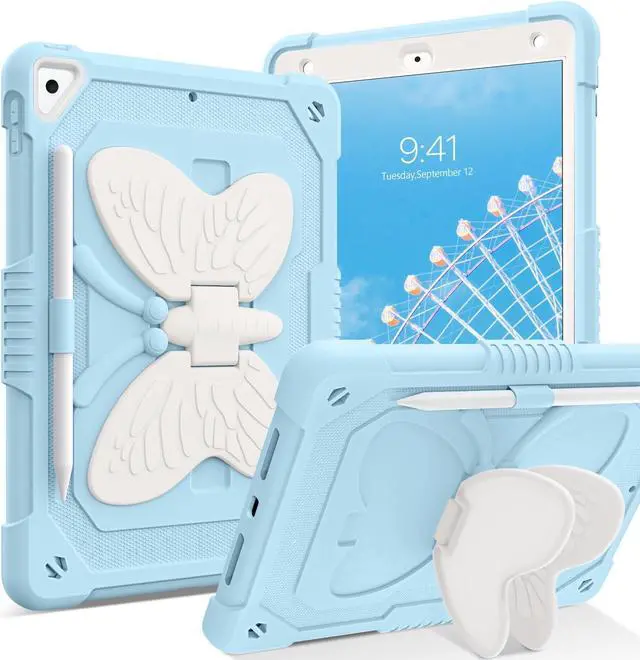 Main image of GUAGUA Compatible with iPad Air 2, iPad 6th/5th Gen, iPad Pro 9.7 Case with Kickstand, 2 in 1 Rugged Shockproof Anti-Scratch Tablet Cases with Pen Holder, Blue/Beige