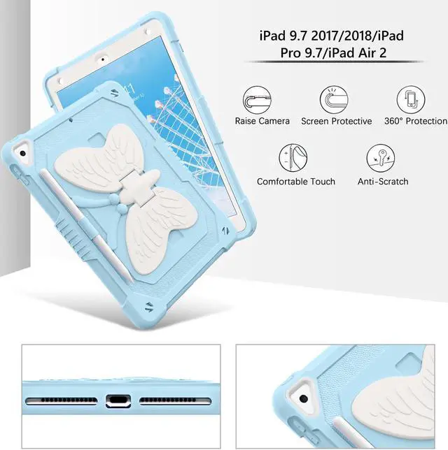 Alt view image 5 of 5 - GUAGUA Compatible with iPad Air 2, iPad 6th/5th Gen, iPad Pro 9.7 Case with Kickstand, 2 in 1 Rugged Shockproof Anti-Scratch Tablet Cases with Pen Holder, Blue/Beige