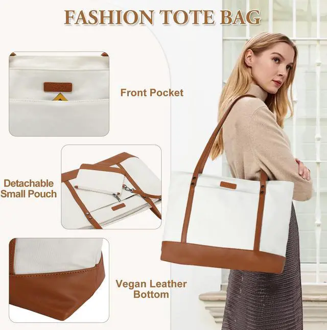 Alt view image 4 of 5 - VASCHY Laptop Tote Bag for Women, Large Teacher Bag Canvas Everything Tote Bag with Zipper Work Purse Briefcase for College,Travel,Business,Office Beige