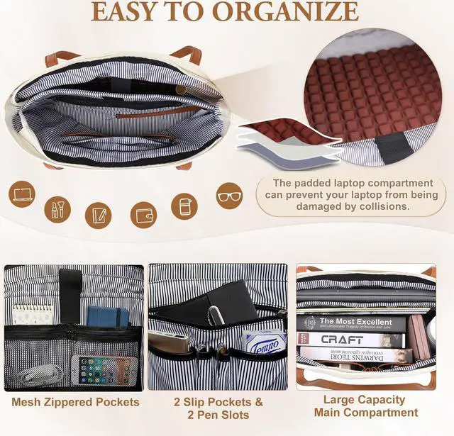 Alt view image 5 of 5 - VASCHY Laptop Tote Bag for Women, Large Teacher Bag Canvas Everything Tote Bag with Zipper Work Purse Briefcase for College,Travel,Business,Office Beige