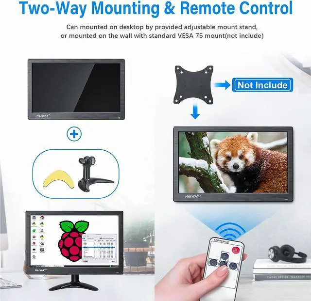 Alt view image 5 of 5 - Haiway 13.3 inch Security Monitor, 1366x768 LED Monitor Small HDMI Monitors with Remote Control Built-in Speakers, Mini Monitors HDMI VGA AV BNC USB Input for CCTV Raspberry Pi PC Fire Stick Gaming
