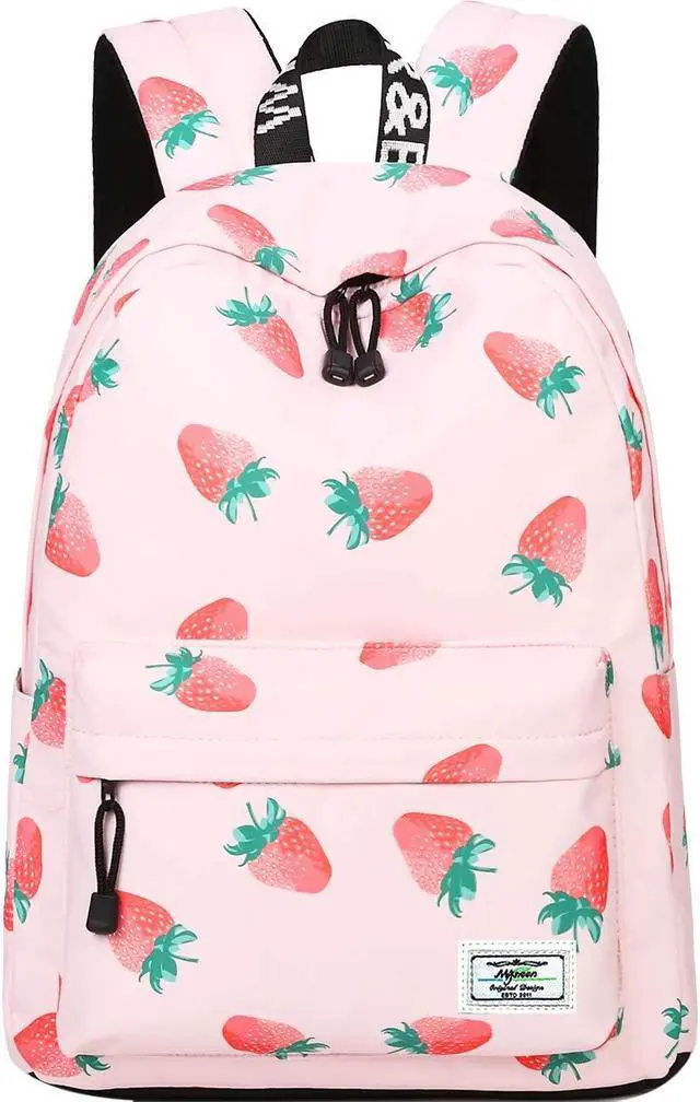 Main image of MIRLEWAIY Pink Strawberry Backpack for School Girls Lightweight Teen Primary Bookbag, Pink Strawberry