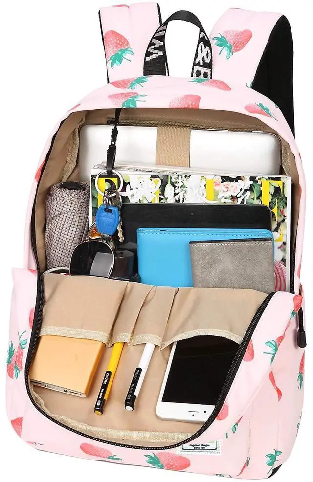 Alt view image 4 of 5 - MIRLEWAIY Pink Strawberry Backpack for School Girls Lightweight Teen Primary Bookbag, Pink Strawberry