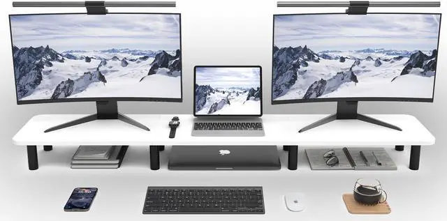 Main image of WEGASTU Dual Monitor Stand Riser 43.7 inch Large Extra Long Monitor Stand Riser Wide TV Stand Riser Monitor Stand for 2 Monitors Wood & Steel Leg Desktop Riser Desk Organization Home Office (White)