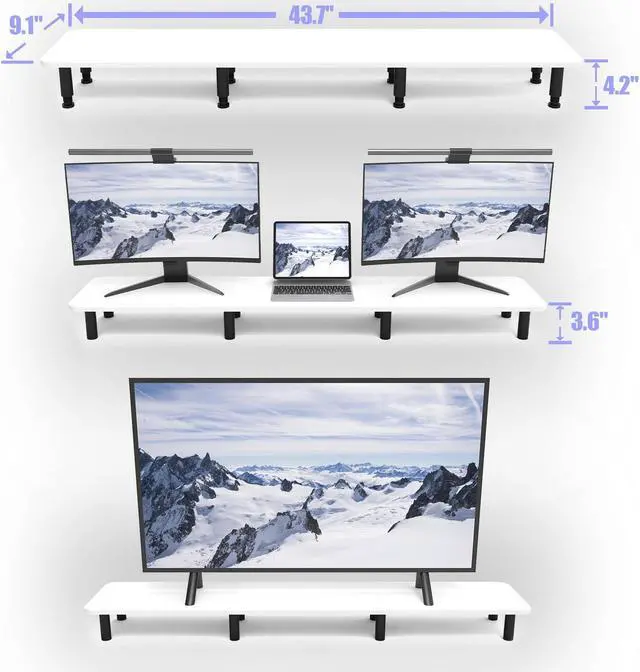 Alt view image 3 of 5 - WEGASTU Dual Monitor Stand Riser 43.7 inch Large Extra Long Monitor Stand Riser Wide TV Stand Riser Monitor Stand for 2 Monitors Wood & Steel Leg Desktop Riser Desk Organization Home Office (White)