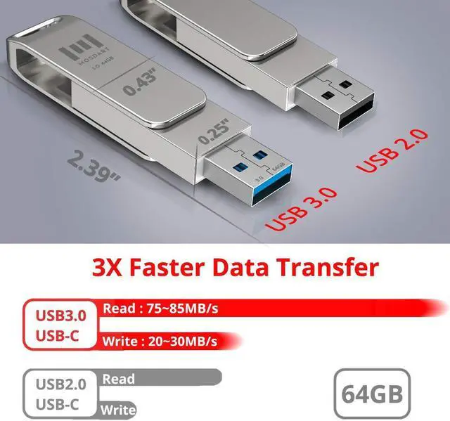 Alt view image 2 of 5 - MOSDART 2Pack 64GB Fast USB C Flash Drive 2 in 1 OTG USB C to USB A 3.1 Dual Thumb Drive Metal Memory Stick for USB-C Android Phones, iPhone 15, MacBook, iPad, Computers and More, Silver