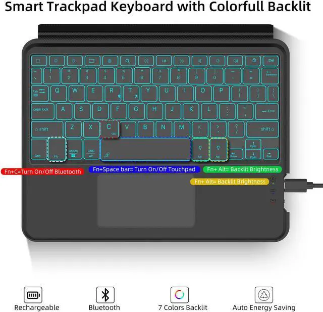 Alt view image 3 of 5 - Trackpad Keyboard Case for Samsung Galaxy Tab S9 11"/S9 FE 10.9" 2023/S10 FE 10.9" 5G 2025, Magnetic S9 FE Tablet Portable Stand Cover Detachable Wireless 7-Color Backlit Keyboard Black, S Pen Slot