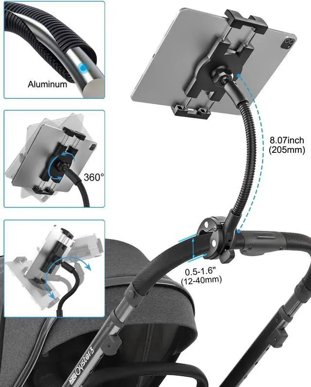 Alt view image 3 of 5 - Gooseneck Tablet Holder for Wheelchair/Stroller/Golf Cart/Boat/Mic Stand/Indoor Cycling Bike/Gym Bicycle Handlebar Clamp, Compatible with 4.7-13" iPad Pro/Air/Mini, iPhone, Galaxy, Fire HD, E-Book