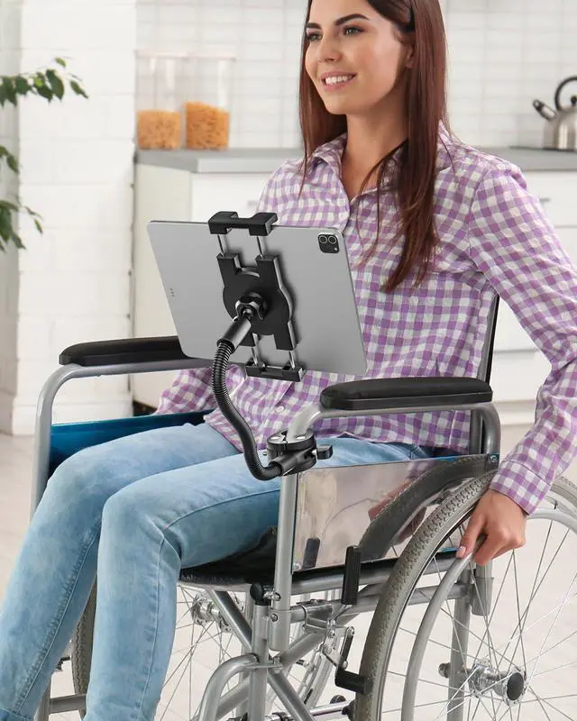 Alt view image 4 of 5 - Gooseneck Tablet Holder for Wheelchair/Stroller/Golf Cart/Boat/Mic Stand/Indoor Cycling Bike/Gym Bicycle Handlebar Clamp, Compatible with 4.7-13" iPad Pro/Air/Mini, iPhone, Galaxy, Fire HD, E-Book
