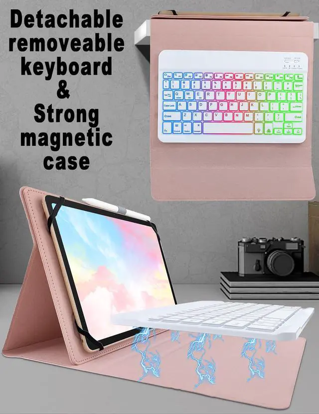 Alt view image 4 of 5 - XCHYTECHER Universal Tablet Keyboard Case for 9.7",10.1",10.2",10.5",10.9",11" Tablets,7 Color Rainbow Backlit Removable Keypad with Pen Holder for Android 10.1 inch Tablet (Pink)