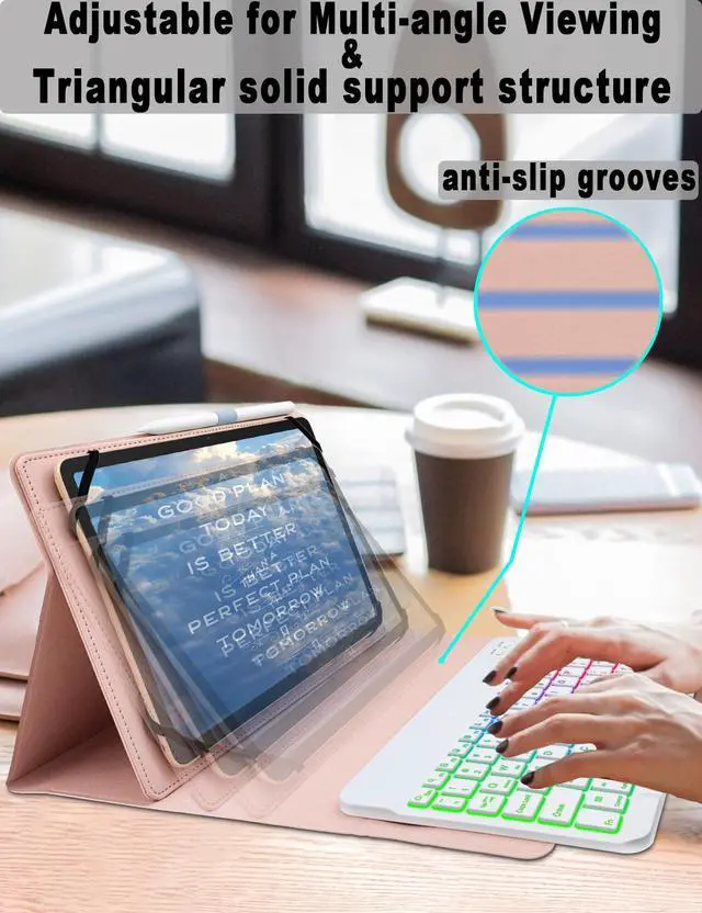 Alt view image 5 of 5 - XCHYTECHER Universal Tablet Keyboard Case for 9.7",10.1",10.2",10.5",10.9",11" Tablets,7 Color Rainbow Backlit Removable Keypad with Pen Holder for Android 10.1 inch Tablet (Pink)