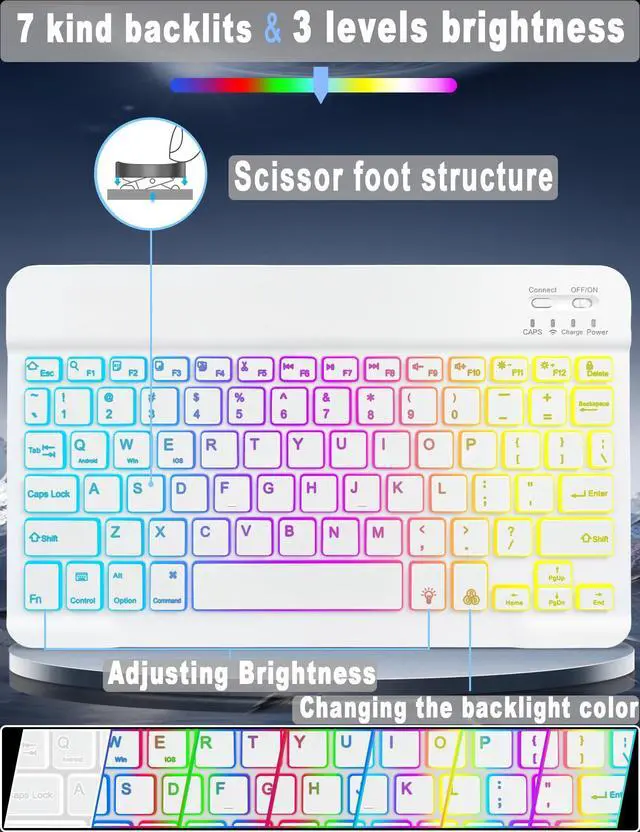 Alt view image 2 of 5 - XCHYTECHER Universal Tablet Keyboard Case for 9.7",10.1",10.2",10.5",10.9",11" Tablets,7 Color Rainbow Backlit Removable Keypad with Pen Holder for Android 10.1 inch Tablet (Pink)