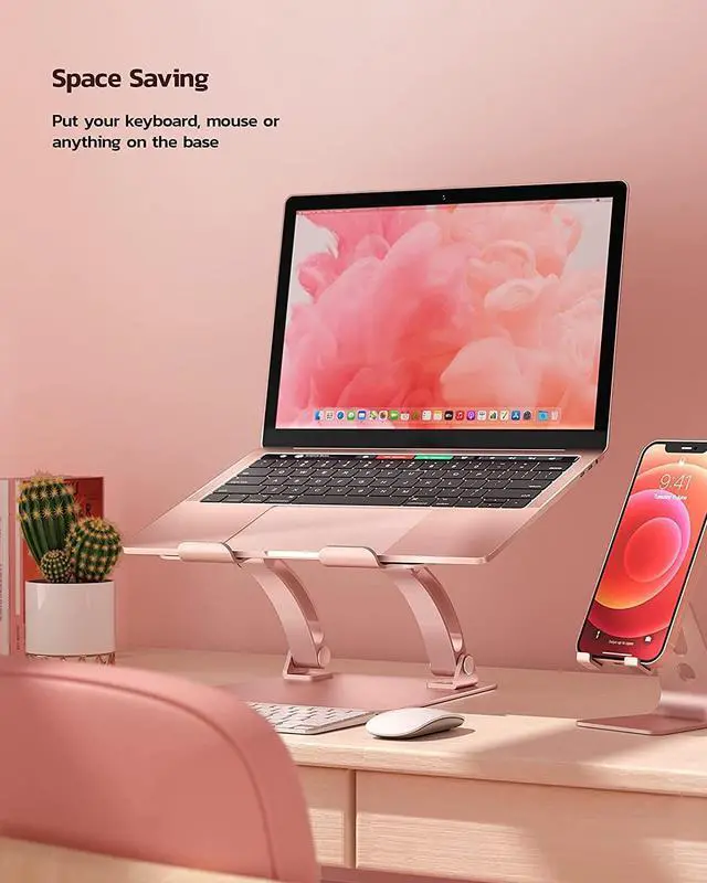 Alt view image 3 of 5 - Nulaxy Fully Adjustable Laptop Stand for Desk, Dual Foldable Aluminum Computer Riser with Heat-Vent, Ergonomic Notebook Holder Portable Office Accessories Compatible with All 10-17" Laptops, Pink