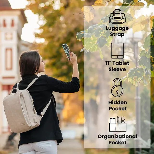 Alt view image 3 of 5 - Nordace Siena II Mini Smart Backpack for Everyday Use with USB Charging Port, Water Resistant - Sleek Laptop Backpack for Daily Tasks, Work, and Casual Adventures (Beige)