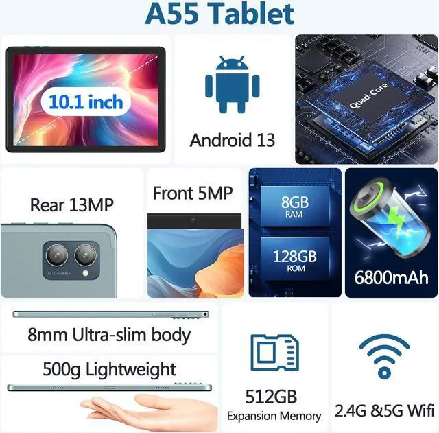 Alt view image 2 of 5 - xiskt Android 13 Tablet, 10 Inch Android Tablets with 8GB RAM 128GB ROM, Quad-Core Processor, 1280x800 IPS HD Touchscreen, 6800mAh Battery, Bluetooth 5.0, 13+5MP Dual Camera, GPS, WiFi