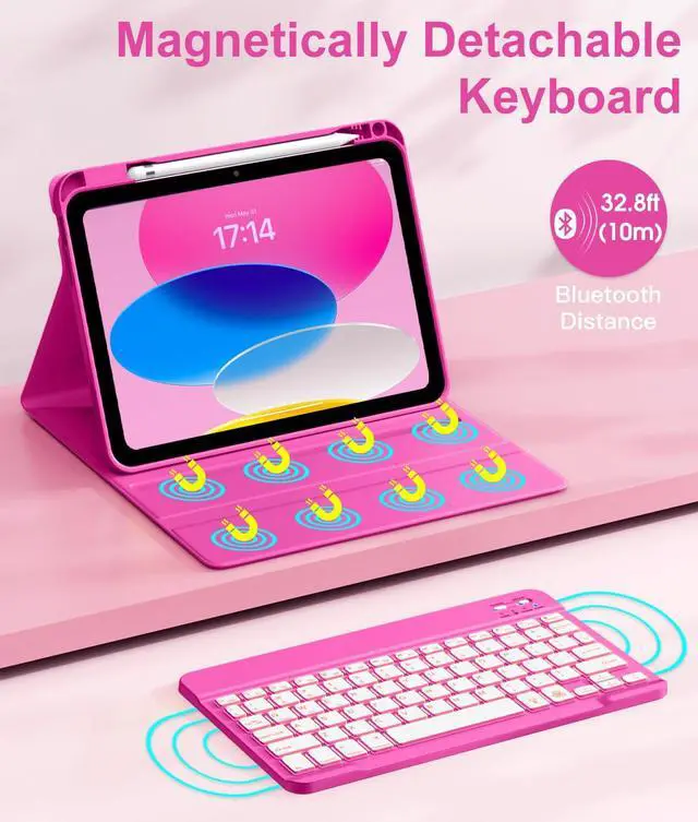 Alt view image 4 of 5 - Hamile iPad 10th Generation Case with Keyboard 10.9 Inch - 7 Colors Backlit Wireless Detachable Folio Keyboard Cover with Pencil Holder for New iPad 10th Gen 2022 (Hot Pink)